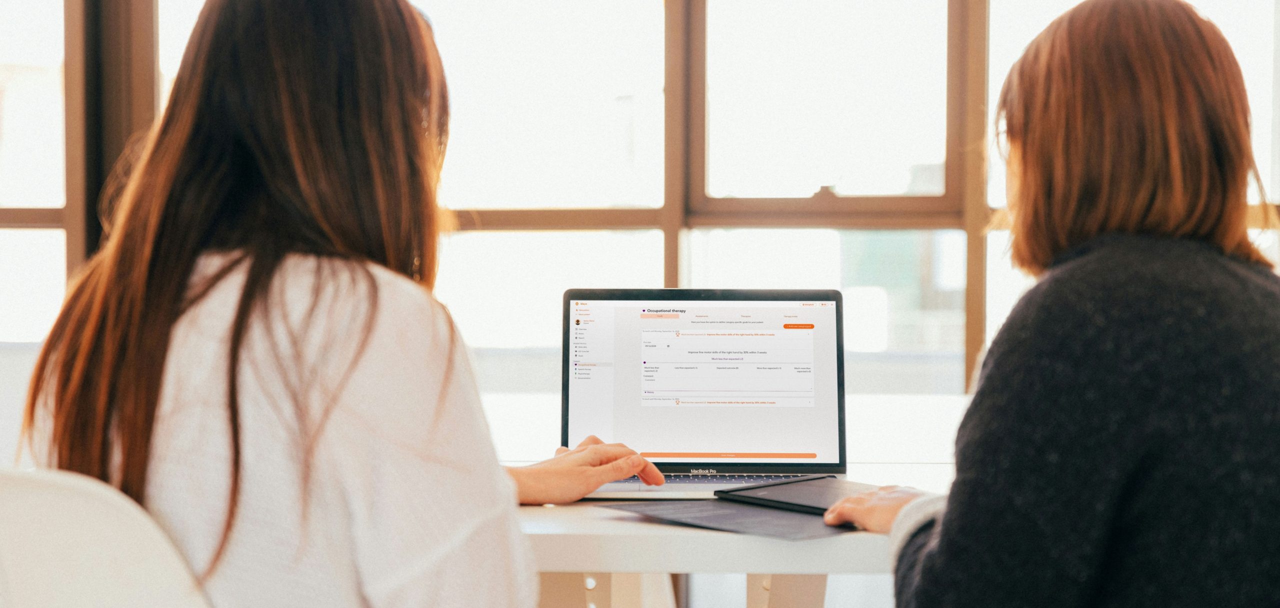 Two women viewed from behind discussing information on a laptop during a consultation.