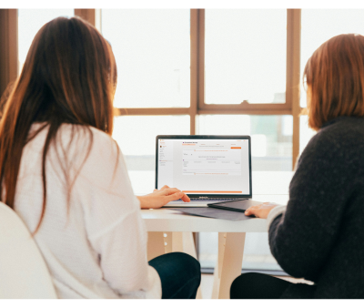 Two Therapists looking at software on a laptop for therapists