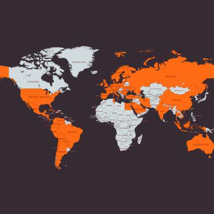 Dark background with a world map and orange colored countries where therapists are learning with TyroAcademy