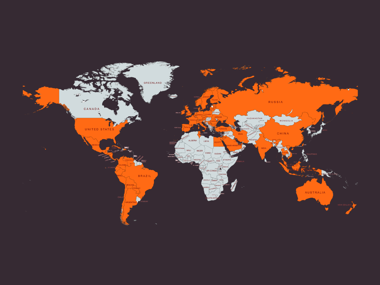 Dark background with a world map and orange colored countries where therapists are learning with TyroAcademy