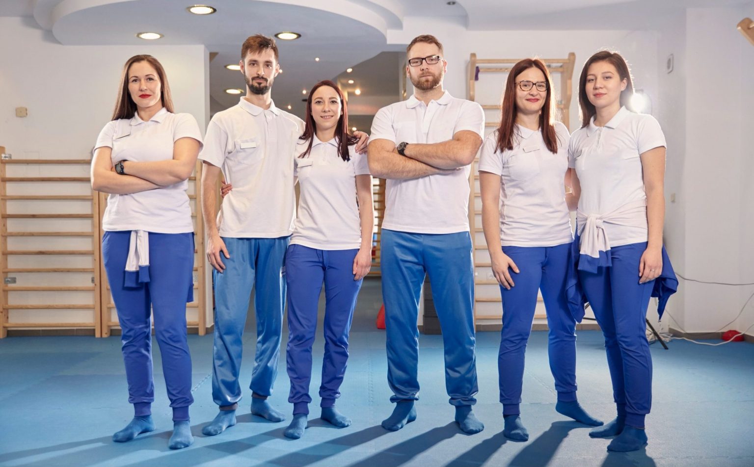 Group of 6 people physical therapist workers