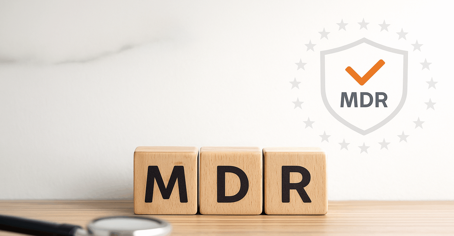 MDR certificate. A picture from wooden blocks with the letters MDR on it in front of a white wall.