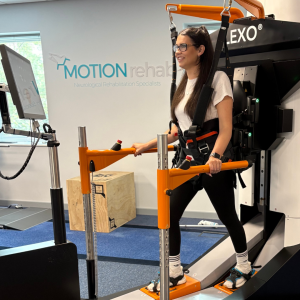 Patient Leah Desnica at Gait trainer Lexo in rehab center MOTIONrehab