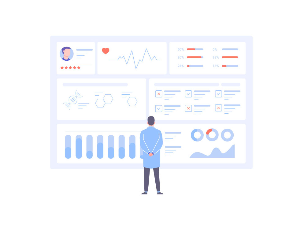 Graphic of a male doctor from the back standing in front of a data sheet