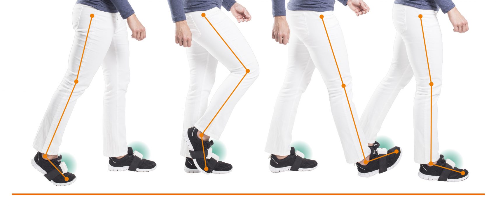 Legs of a woman showing Pablo Sensors - how Pablo Lower Extremity works in different gait parameters