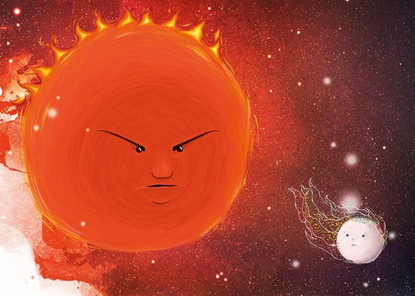 A red round graphic with a angry face