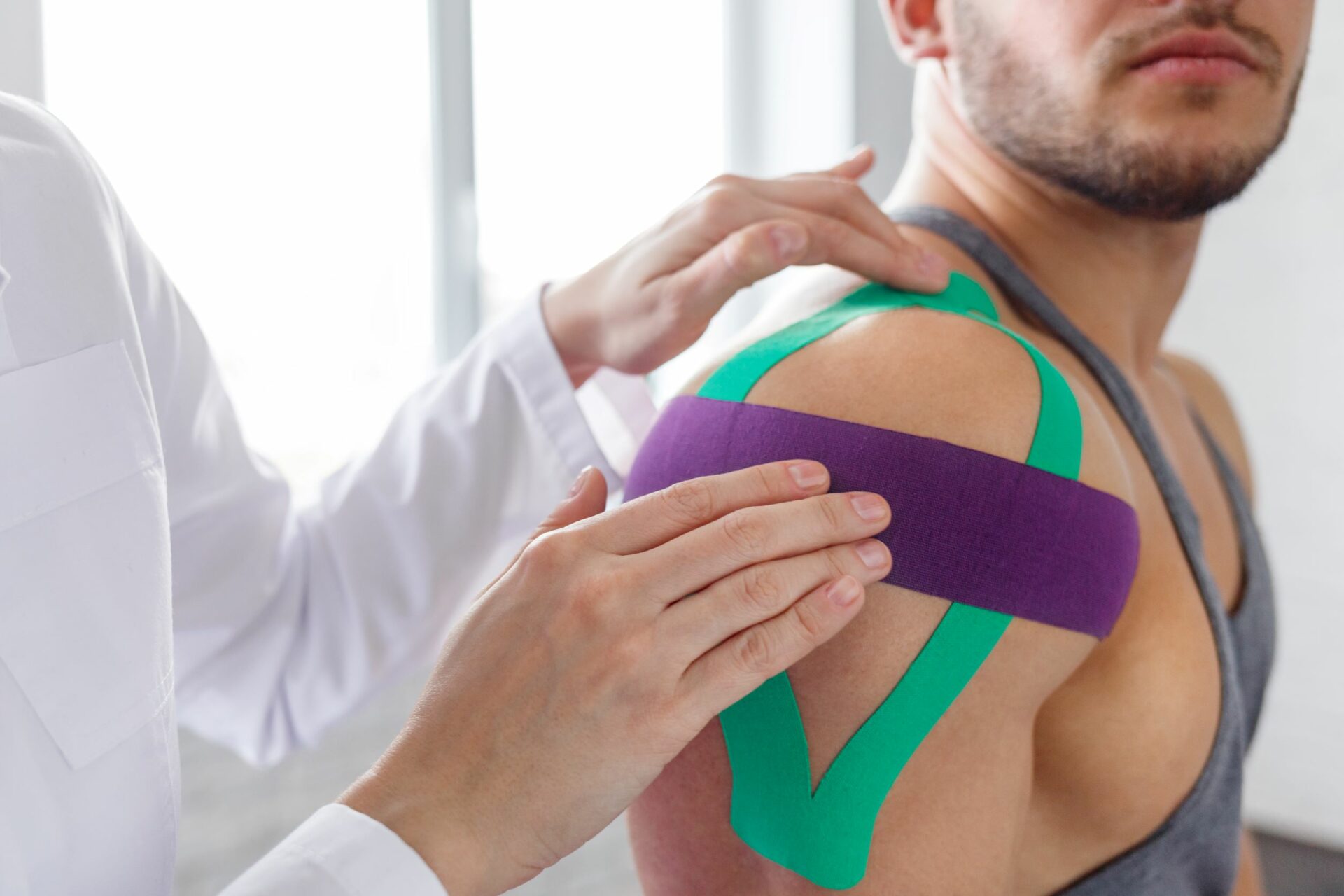 Therapist taping patient with kinesiology tape